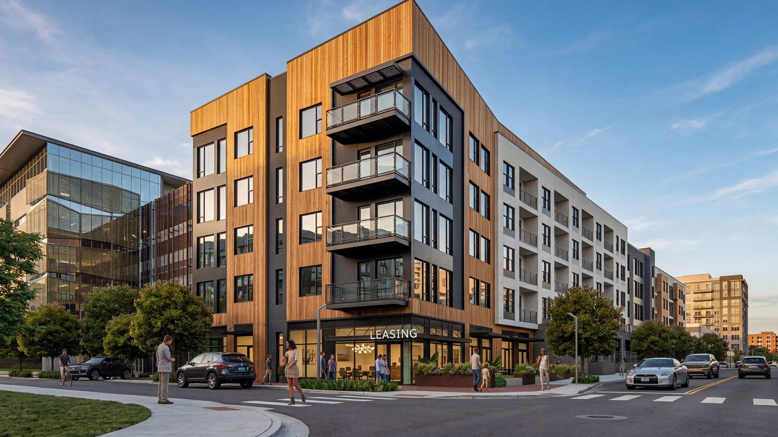Modern apartment building with stylish wood accents, featuring spacious balconies and a leasing office, set against a vibrant urban backdrop at The Westerly in Millcreek Utah
