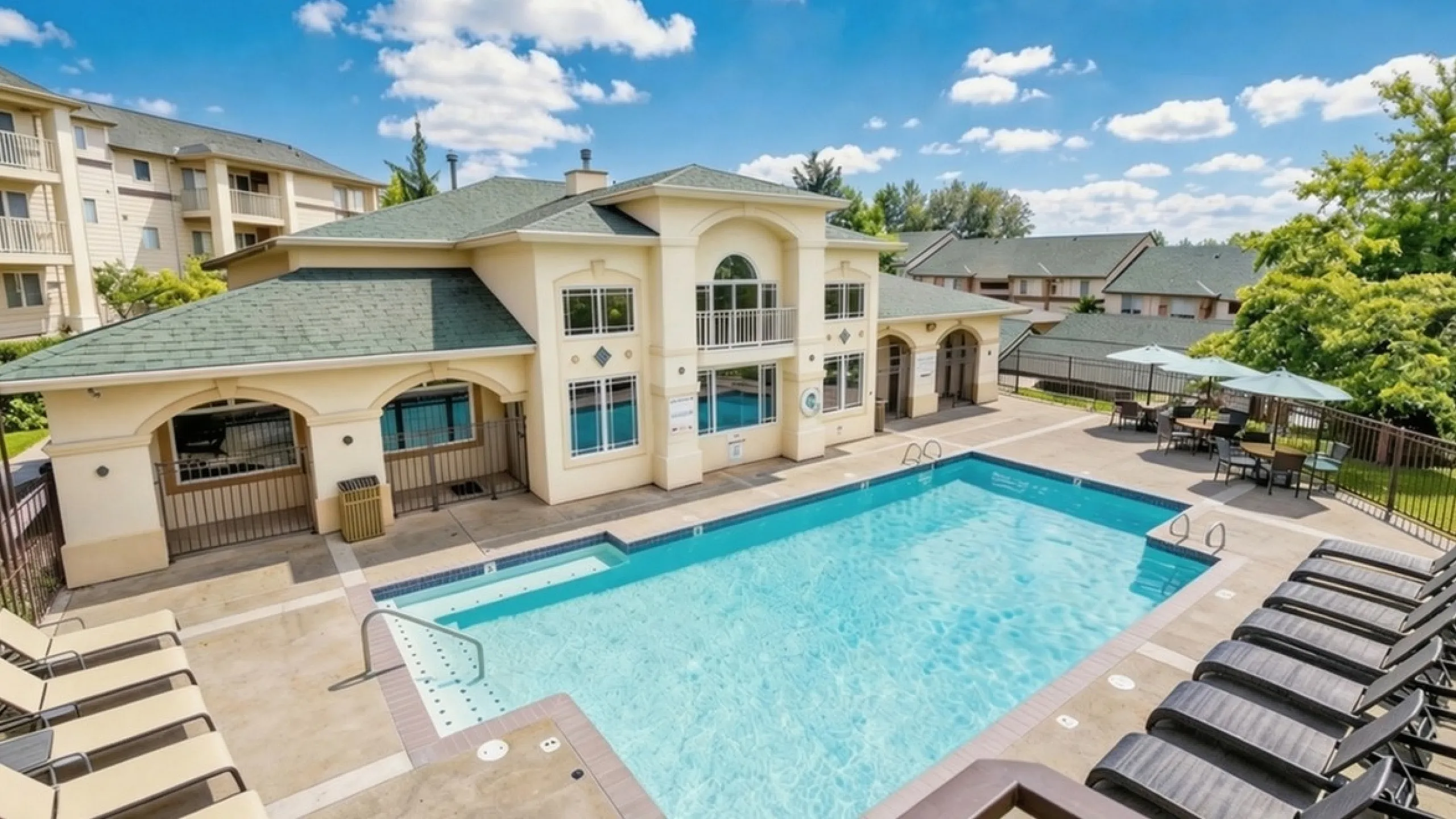 Inviting apartment complex with a sparkling outdoor pool, surrounded by elegant sun loungers and umbrellas for ultimate relaxation.