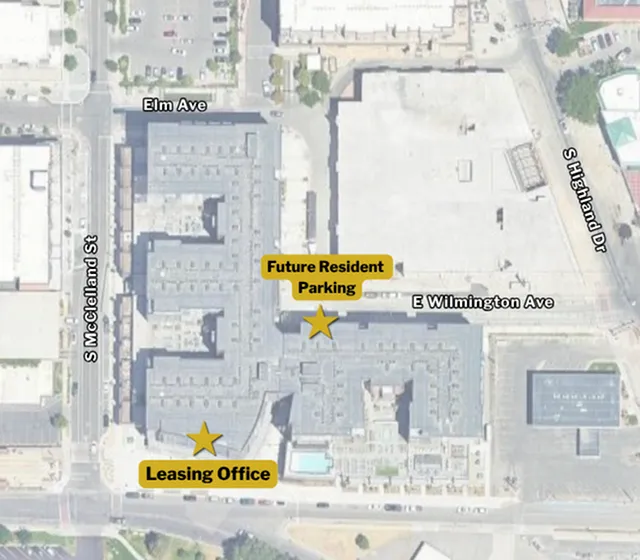 Aerial map view highlighting a modern apartment complex with convenient locations for Future Resident Parking and the Leasing Office.