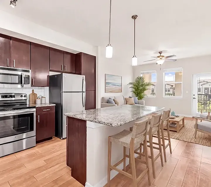 Modern kitchen and living area with sleek stainless steel appliances, granite countertops, stylish bar seating, and abundant natural light.