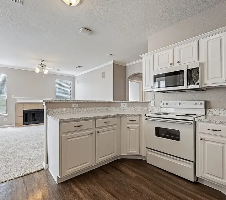 Charming apartment exterior with lush landscaping, vibrant greenery, and a serene fountain in a beautifully paved courtyard at Stonebriar at Frisco