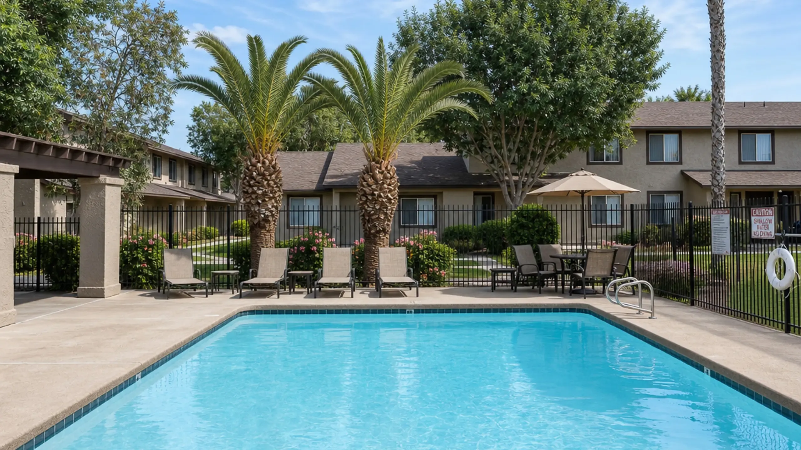 Inviting apartment complex pool area featuring sparkling water, poolside lounge chairs, and lush palm trees for a relaxing ambiance at Camelot Apartments in Yuma, AZ.