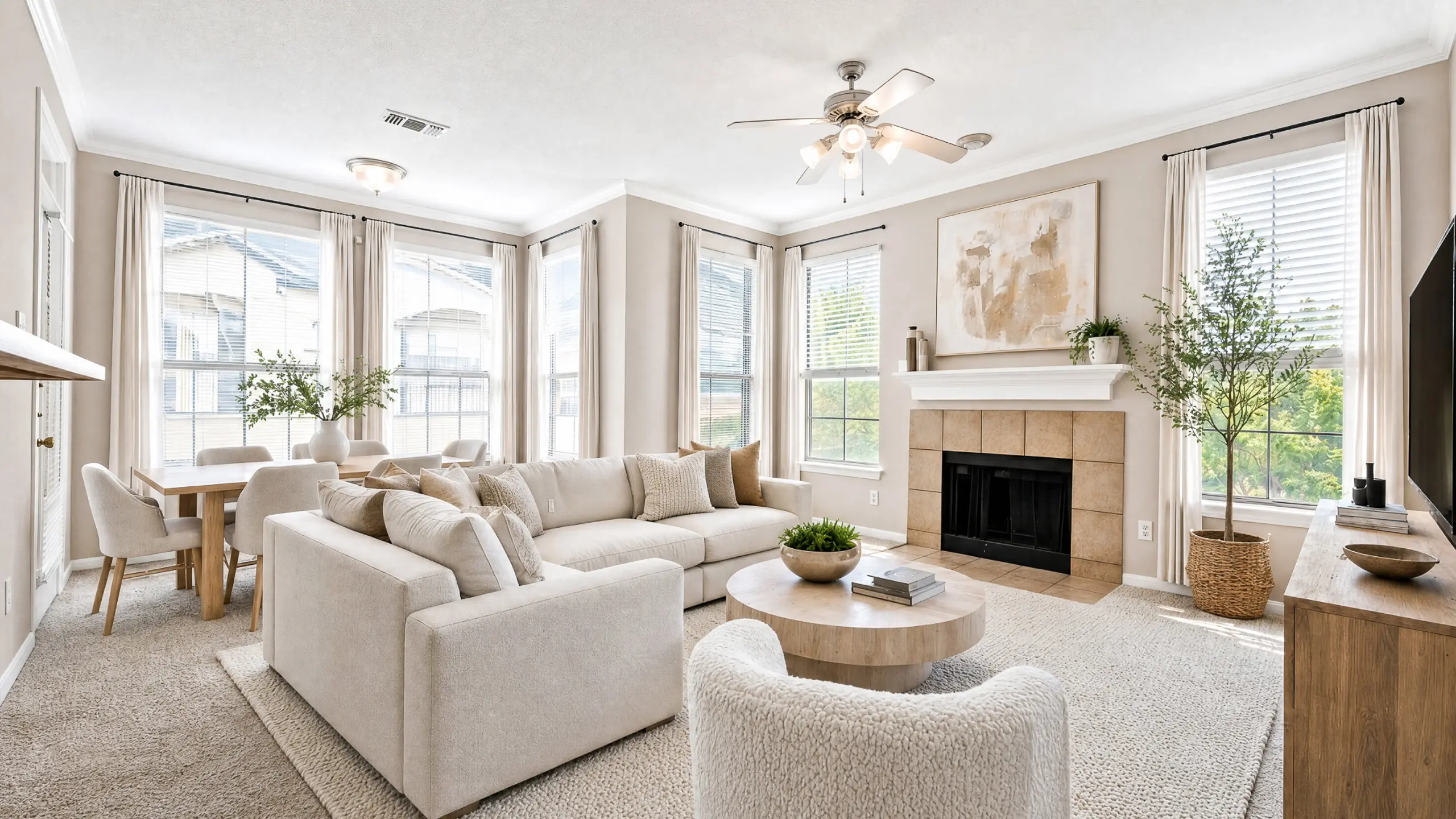 Elegant and modern open-concept living space featuring a stylish dining area, cozy seating, sleek kitchen with breakfast bar, and abundant natural light at Stonebriar at Frisco Apartments