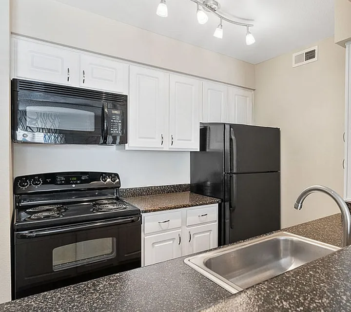 Modern kitchen with sleek black appliances, elegant countertop, and stylish pendant lighting.