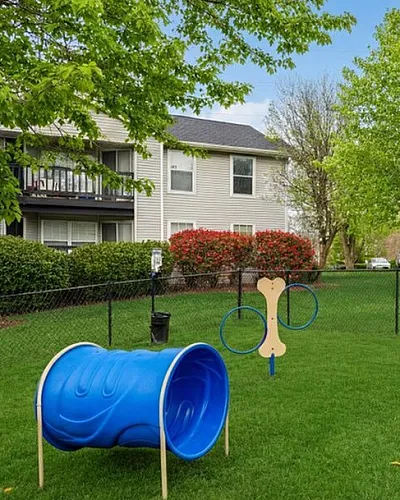 Charming apartment complex with lush green dog park area, featuring agility equipment and surrounded by well-maintained landscaping.
