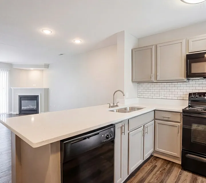 Contemporary open kitchen with sleek cabinets, modern appliances, and an inviting corner fireplace in the living area.