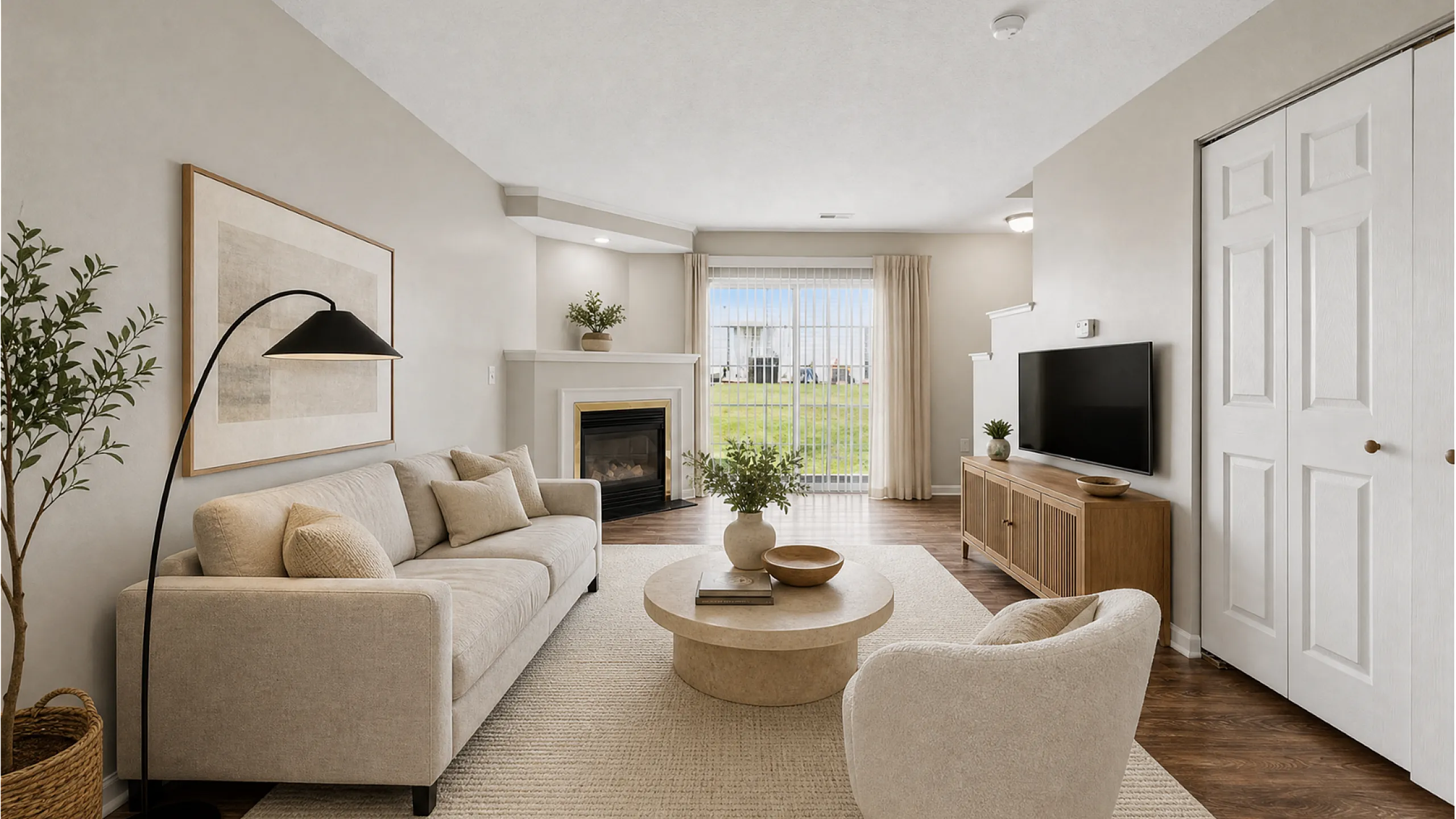 Bright and inviting living room with elegant modern furniture, cozy fireplace, and large sliding glass doors leading to a lush green view at Alkire Glen Apartments in Columbus, OH.