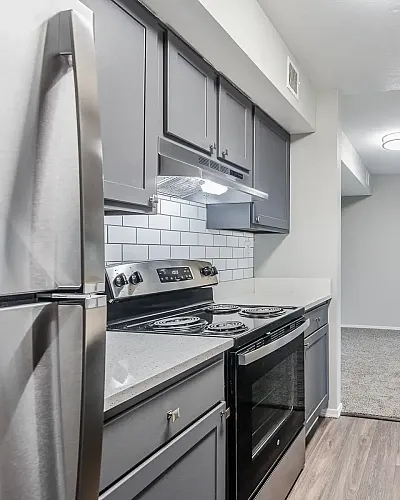 Modern kitchen with sleek gray cabinets, stainless steel appliances, and elegant countertops, offering a stylish and functional cooking space at Timber Hollow Apartments