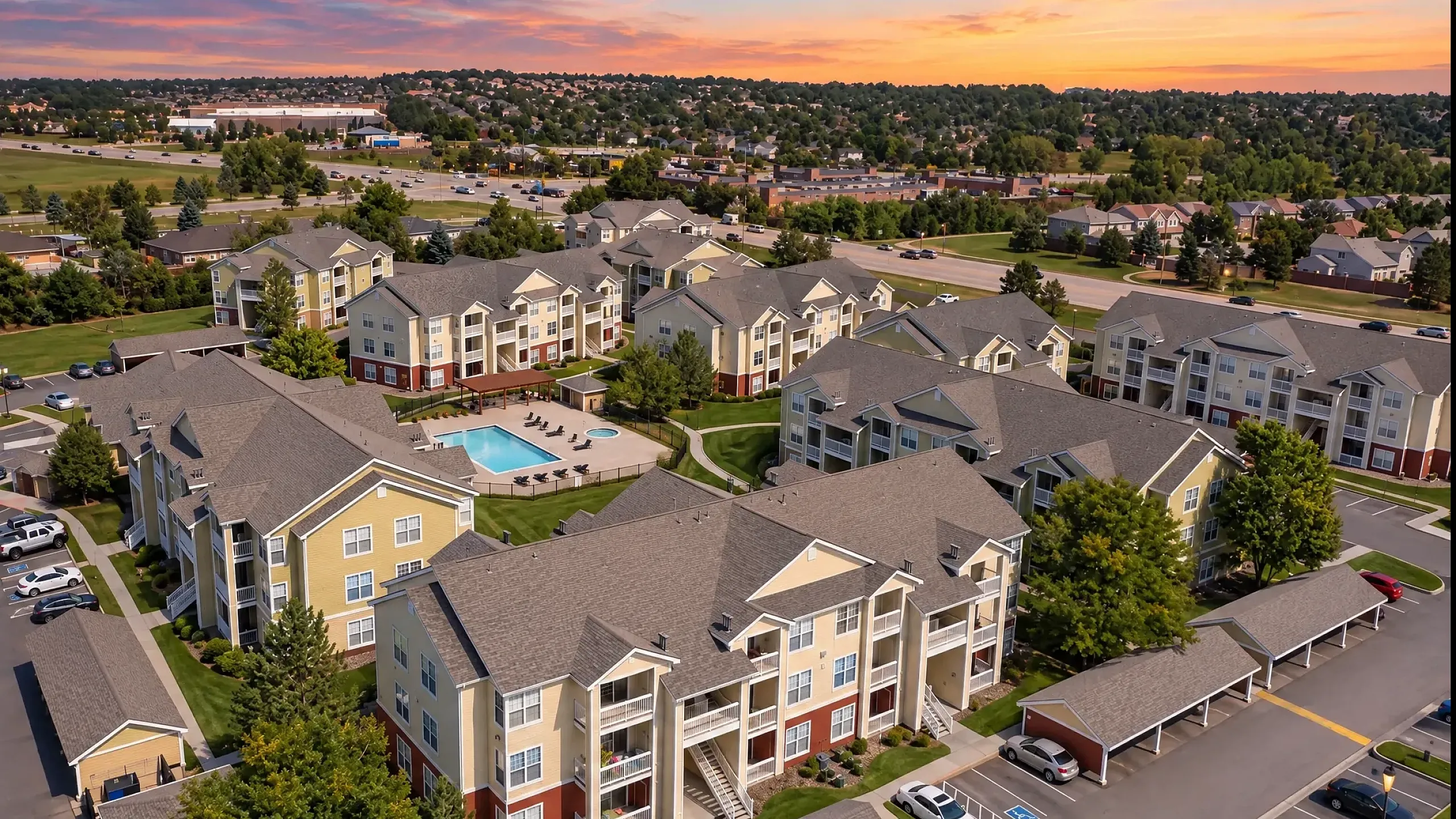 Charming apartment complex with lush landscaping and a central swimming pool, offering a serene and inviting living environment.