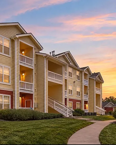 Charming sunset view of a lovely apartment complex, The Orchards at Cherry Creek Park, featuring serene poolside relaxation and elegant lounging chairs.