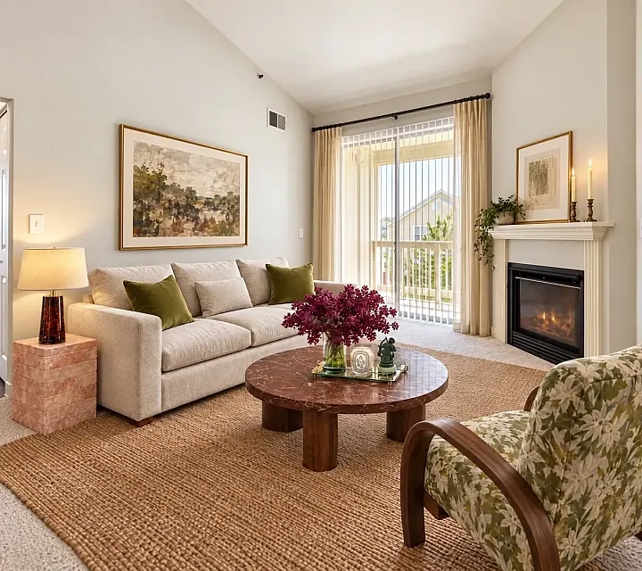 Bright and inviting living room featuring a cozy beige couch, wooden coffee table, and elegant fireplace with natural light streaming through large windows.