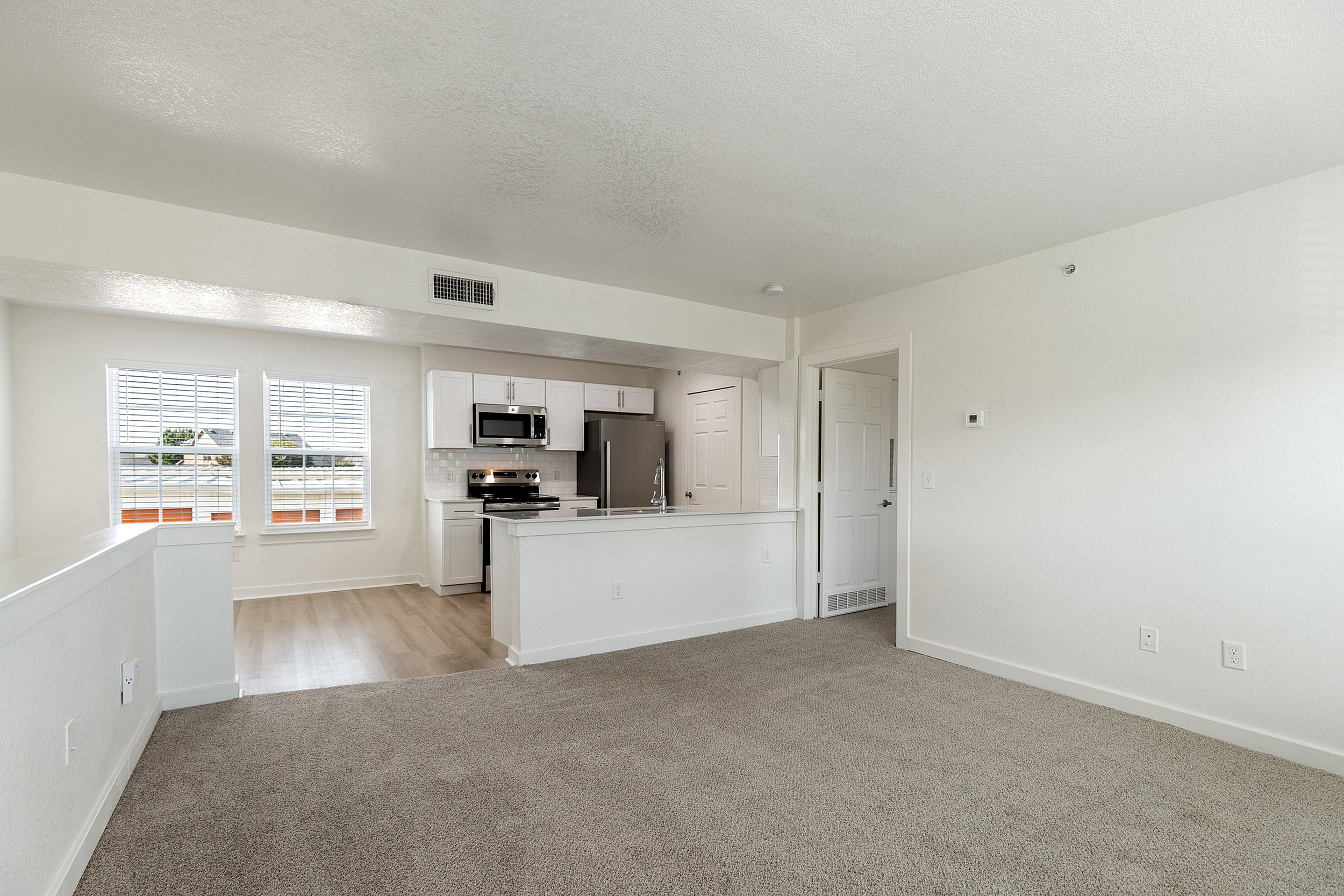 Bright open-concept living space with large windows, modern kitchen with stainless steel appliances, and plush carpeting.
