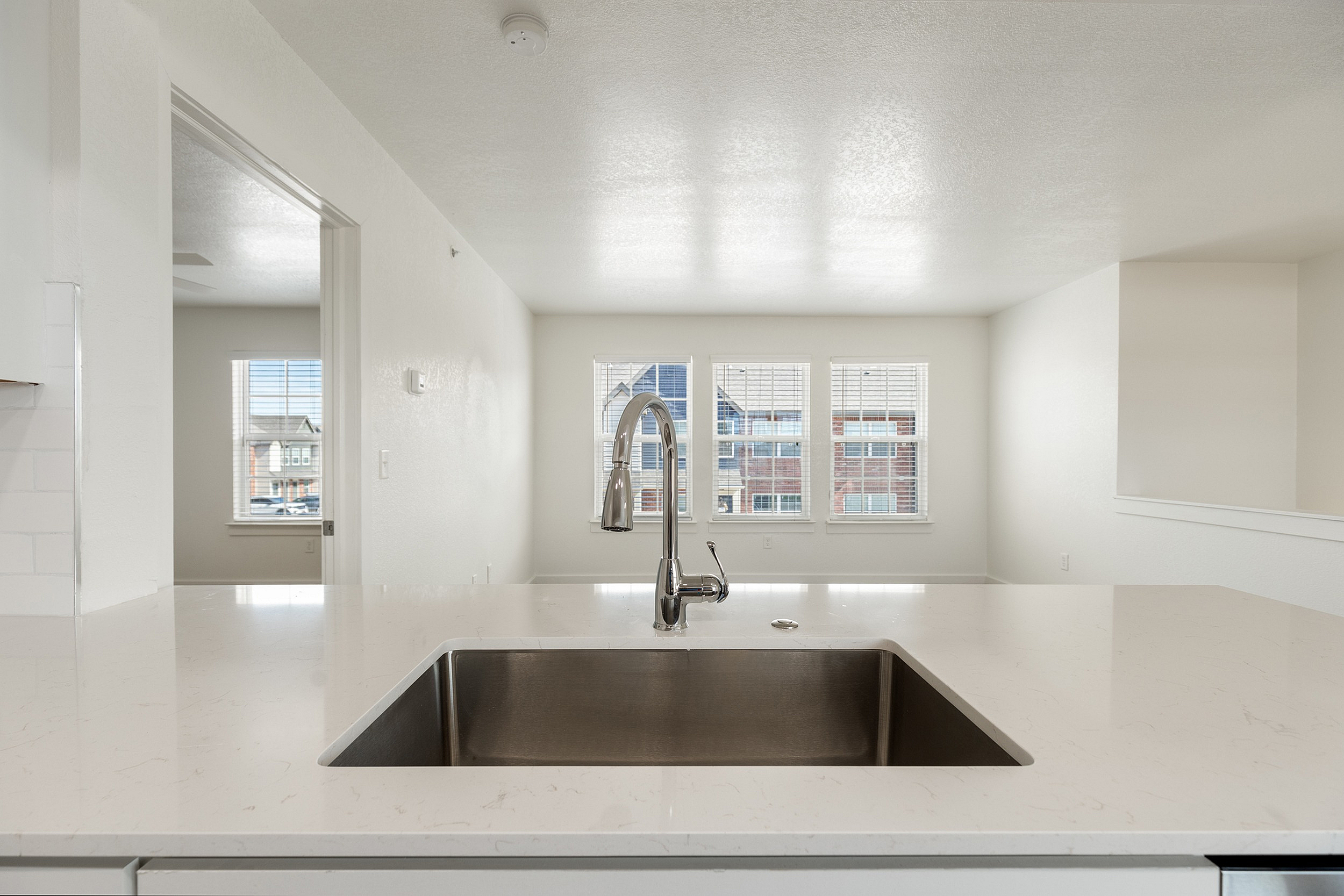 Modern kitchen with sleek countertops and stylish stainless steel faucet, basking in natural light through large windows.