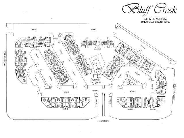 Bluff Creek apartment complex site plan showcasing multiple residential buildings, ample parking, and a well-organized layout in Oklahoma City.