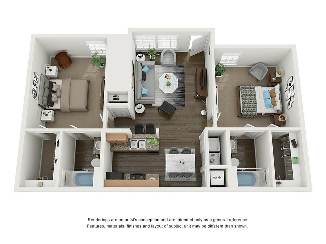 2D floor plan displaying two elegant bedrooms, a bright open-concept living room, and a fully equipped kitchen.