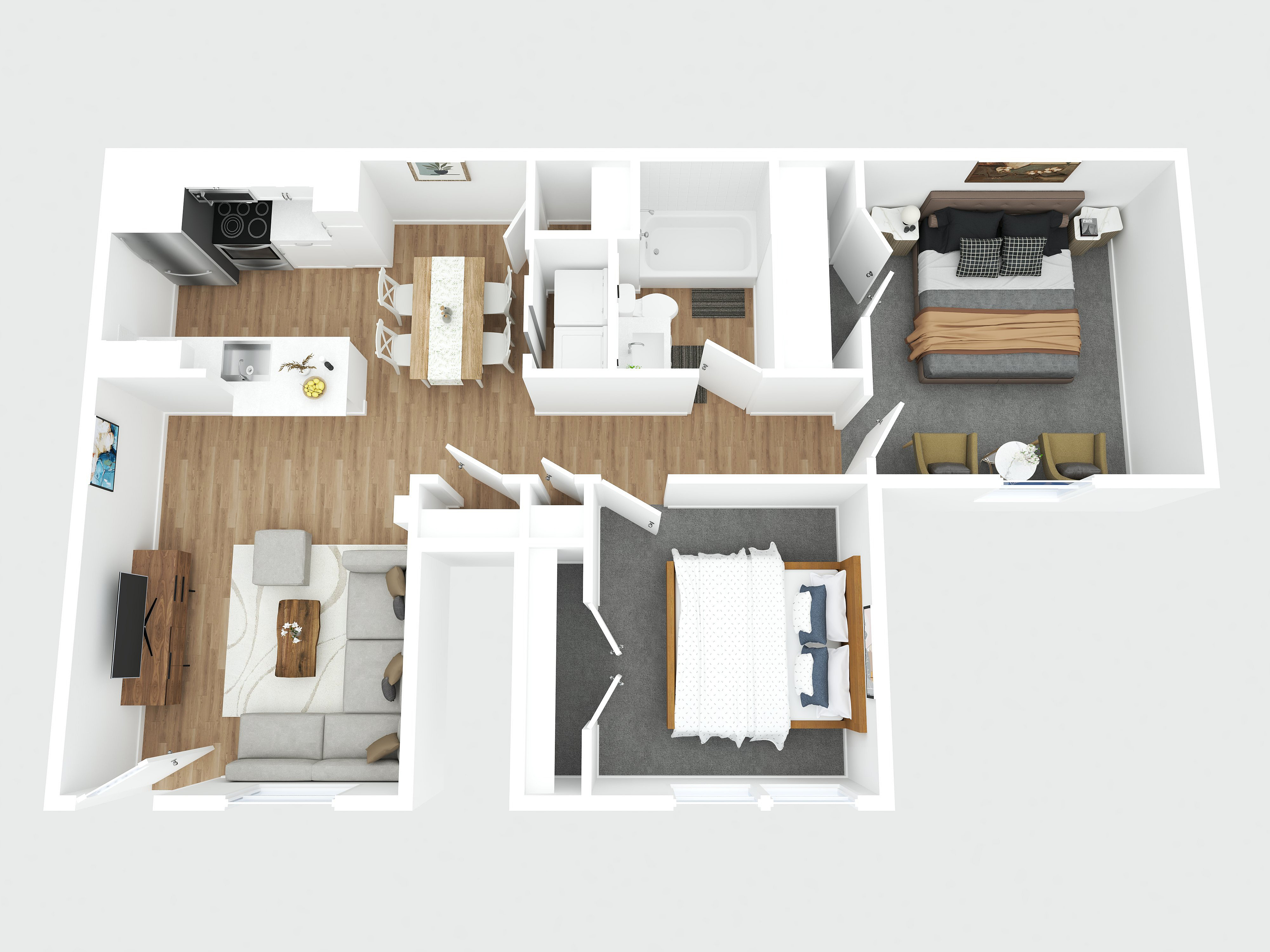 Contemporary 3D floor plan featuring two bedrooms, a spacious living area, and a sleek kitchen.