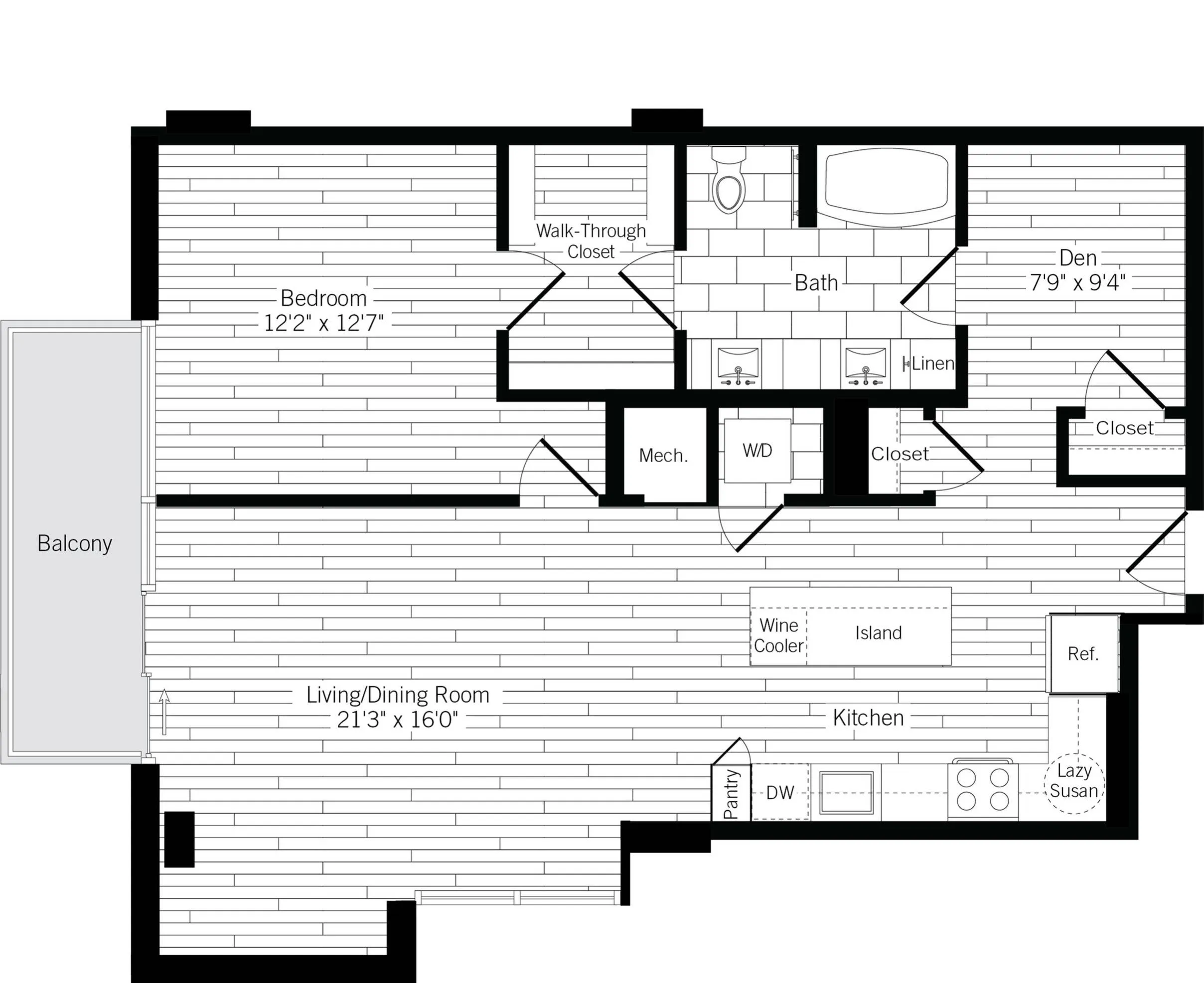 1012 square foot one bedroom one bath with den apartment floorplan image
