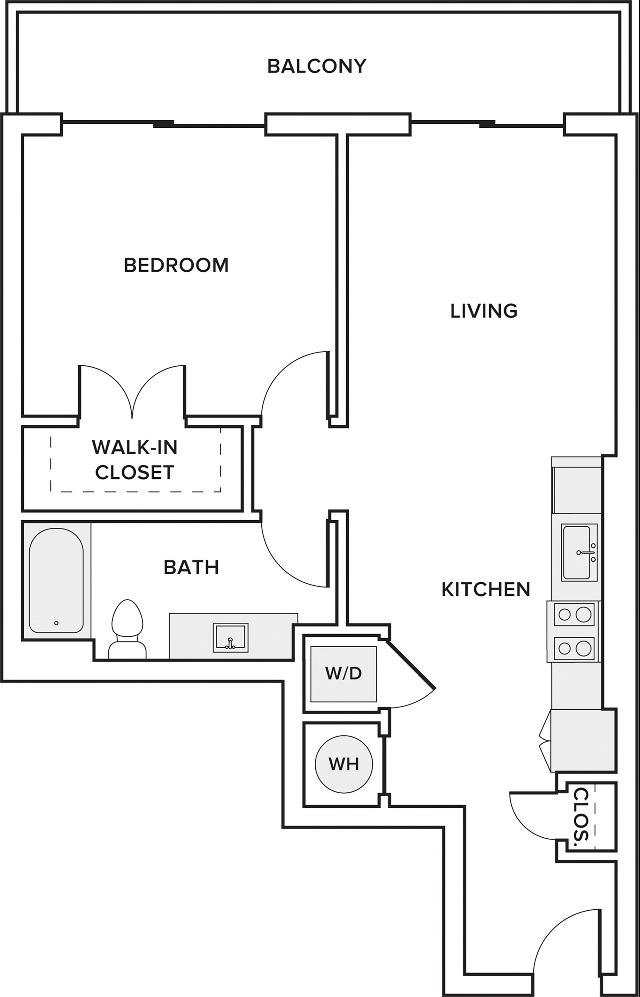 708 square foot one bedroom one bath apartment floorplan image