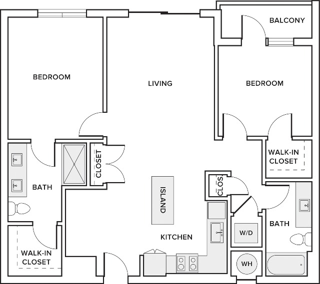 1093 square foot two bedroom two bath apartment floorplan image