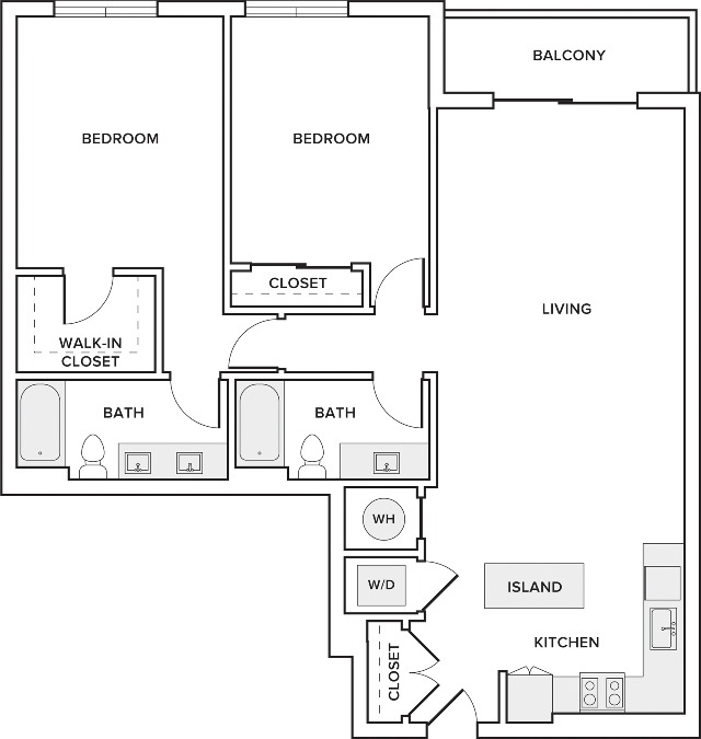 1246 square foot two bedroom two bath apartment floorplan image