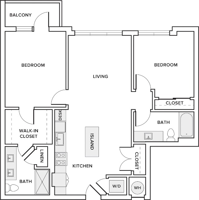 1047 square foot two bedroom two bath apartment floorplan image