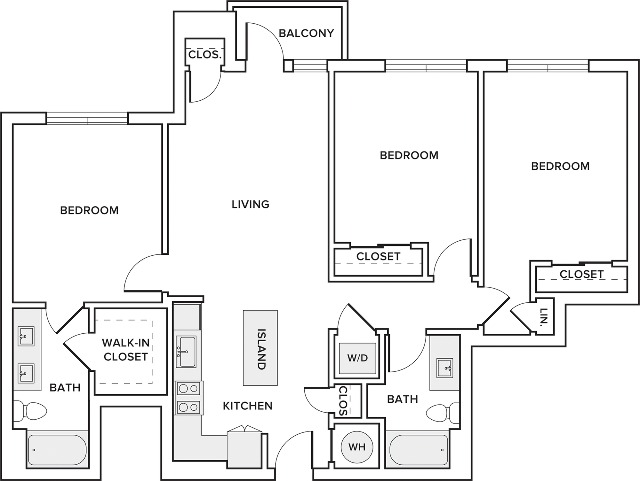 1224 square foot three bedroom two bath apartment floorplan image