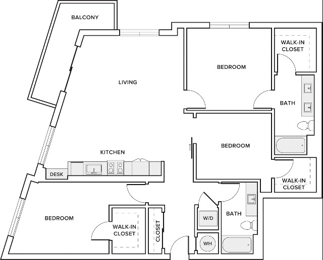 1386 square foot three bedroom two bath apartment floorplan image