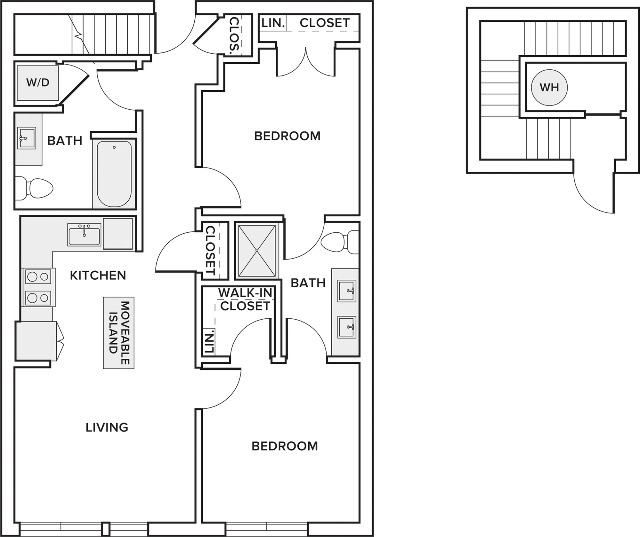 953 square foot two bedroom two bath floor plan image