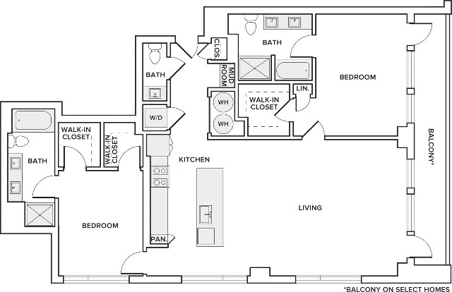 1,502 square foot two bedroom two and half bath floor plan image