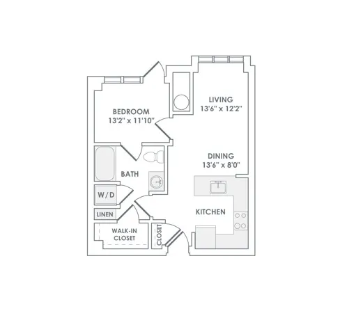 828 square foot one bedroom one bath apartment floorplan image