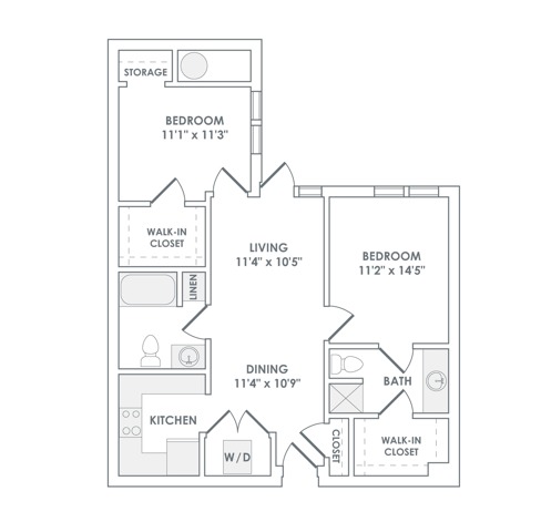 1036 square foot two bedroom two bath apartment floorplan image