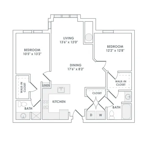 1089 square foot two bedroom two bath apartment floorplan image