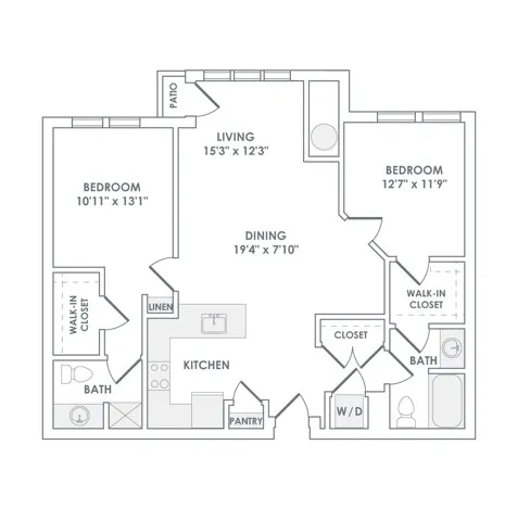 1172 square foot two bedroom two bath apartment floorplan image