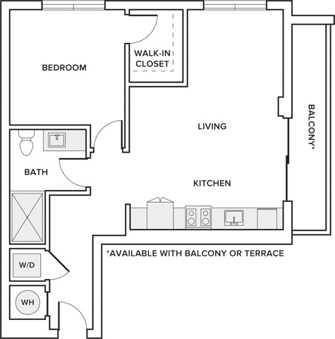 694 square foot one bedroom one bath apartment floorplan image