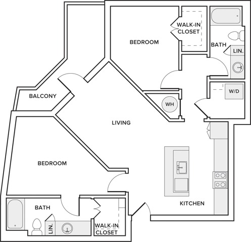 1010 square foot 2 bed 2 bath apartment floorplan image