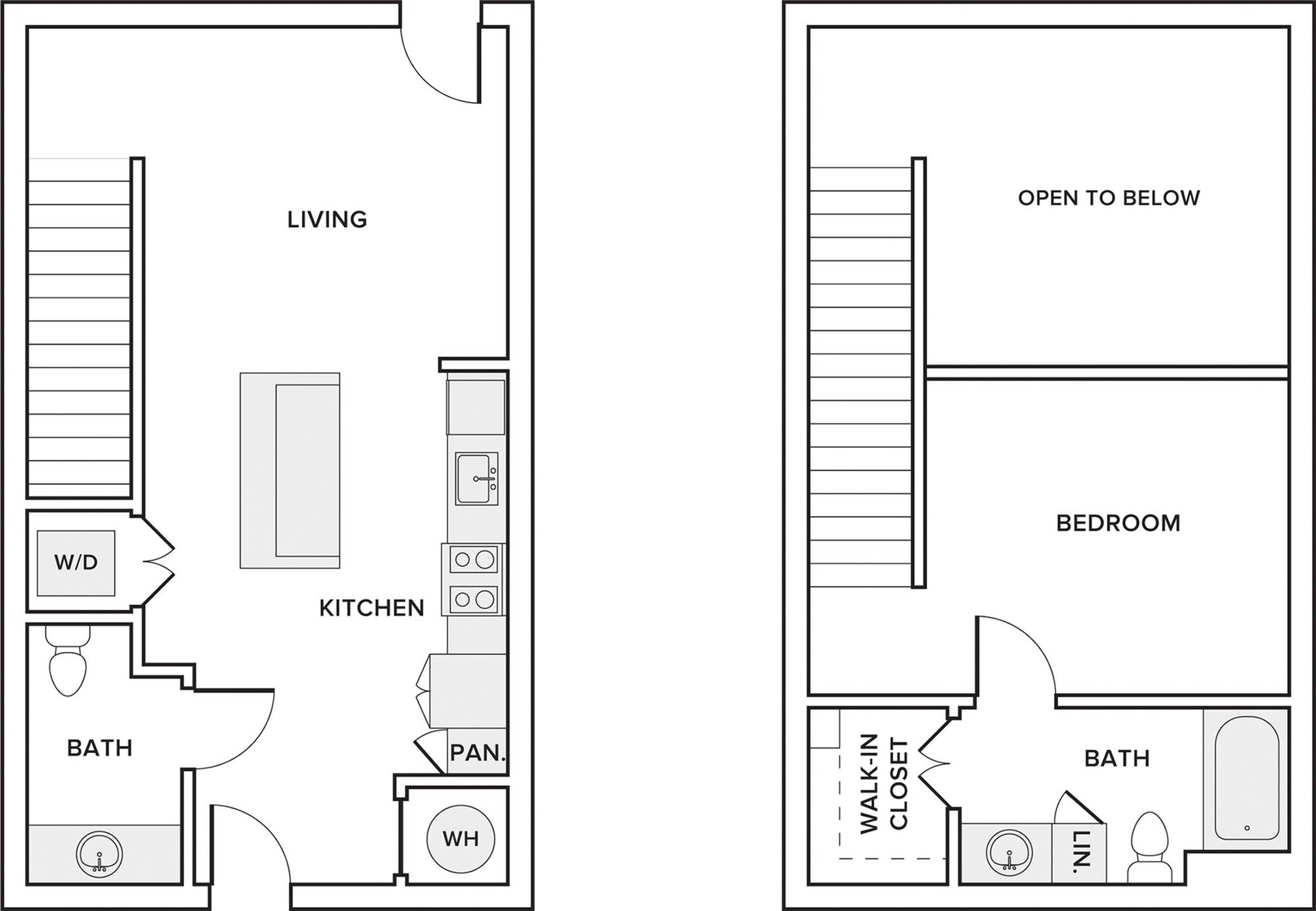 870 square foot one bedroom one bathroom loft floorplan image