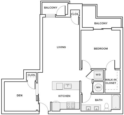 884 square foot one bedroom plus den with  two bath apartment floorplan image