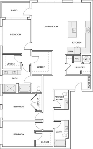 1892 to 1893 square foot three bedroom two and half bath apartment floorplan image
