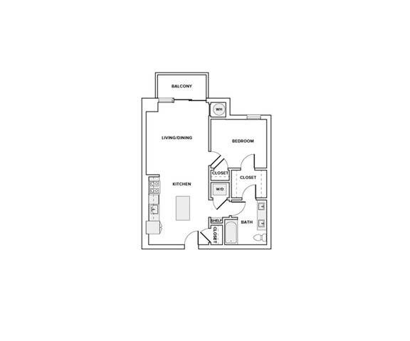727 square foot one bedroom one bath apartment floorplan image