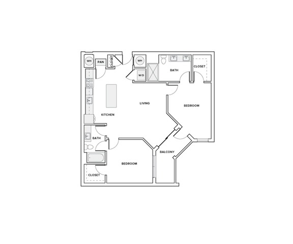 1090 square foot two bedroom two bath apartment floorplan image
