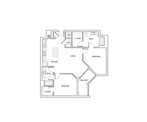 1090 square foot two bedroom two bath apartment floorplan image