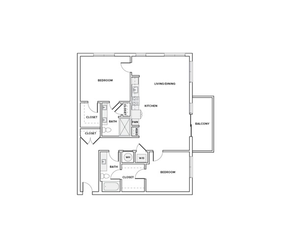 1235 square foot two bedroom two bath apartment floorplan image