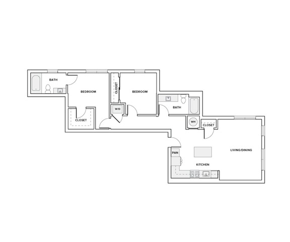 1038 square foot two bedroom two bath apartment floorplan image