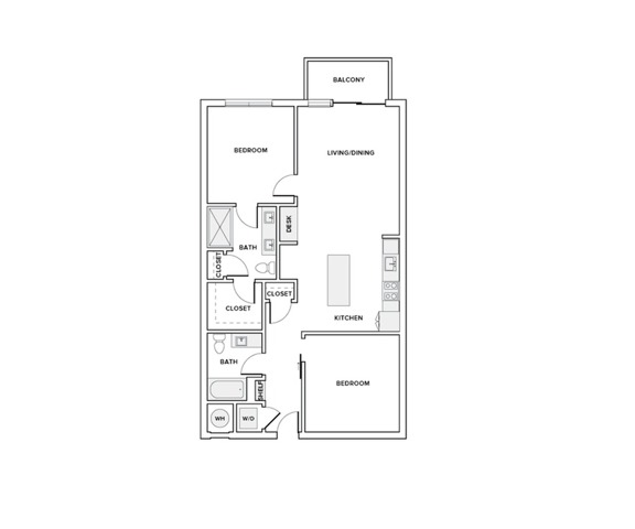 1059 square foot two bedroom two bath apartment floorplan image