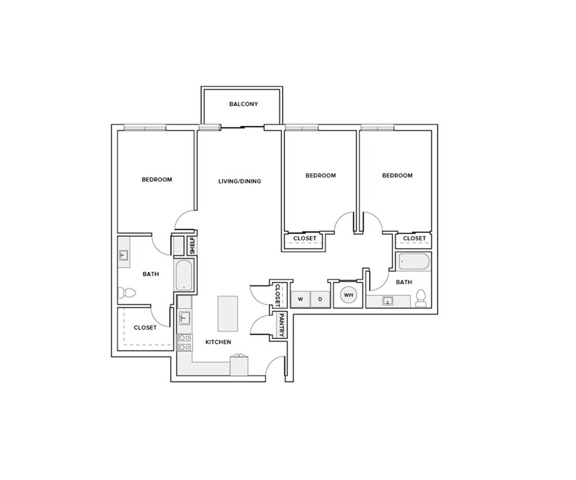 1370 square foot three bedroom two bath apartment floorplan image