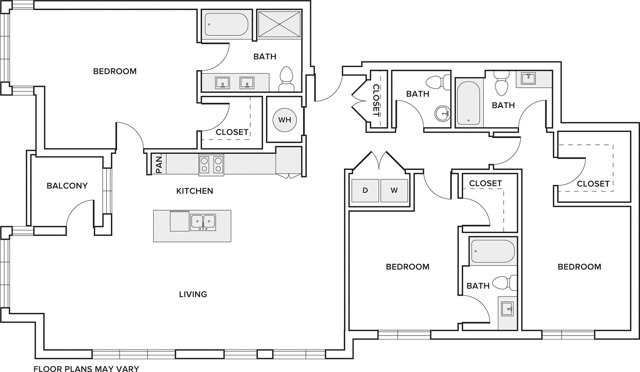 1807 square foot three bedroom three and half bath apartment floorplan image
