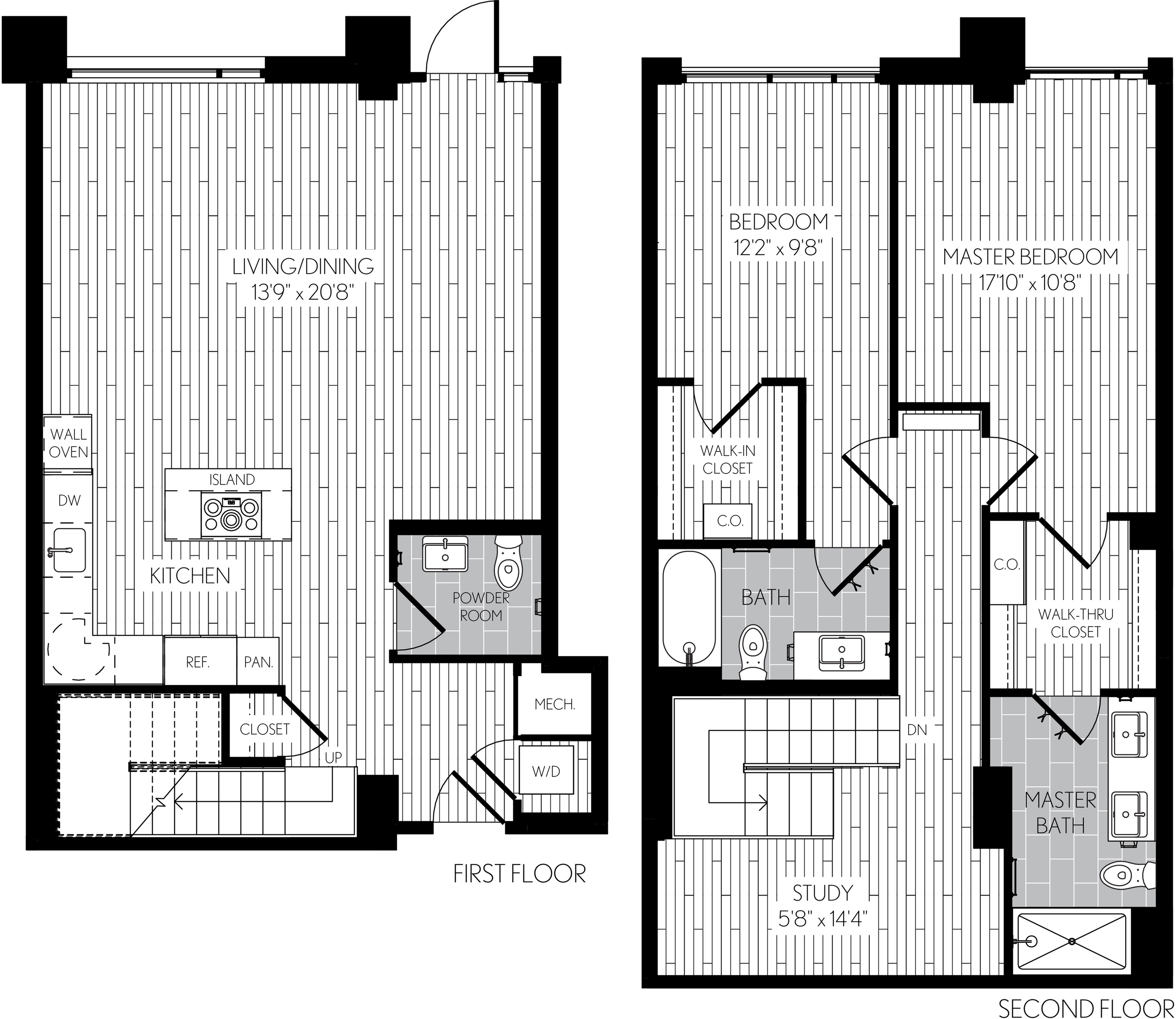 1466 square foot two bedroom two and a half bath two level apartment floorplan image with right side stair case