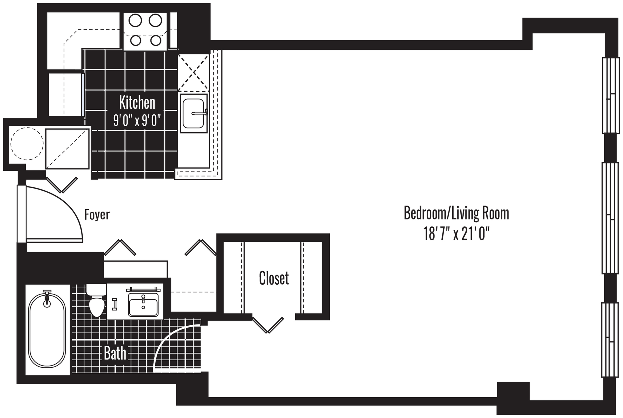 610 square foot studio one bath apartment floor plan image