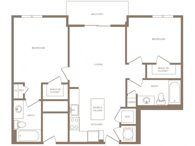 929 square foot two bedroom two bath apartment floorplan image