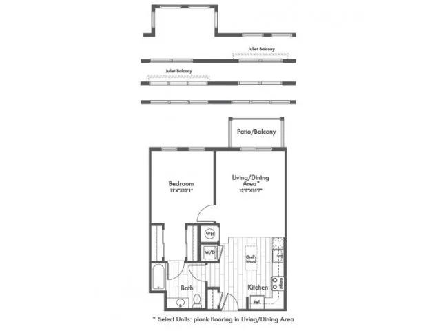 740 square foot one bedroom one bath apartment floorplan image
